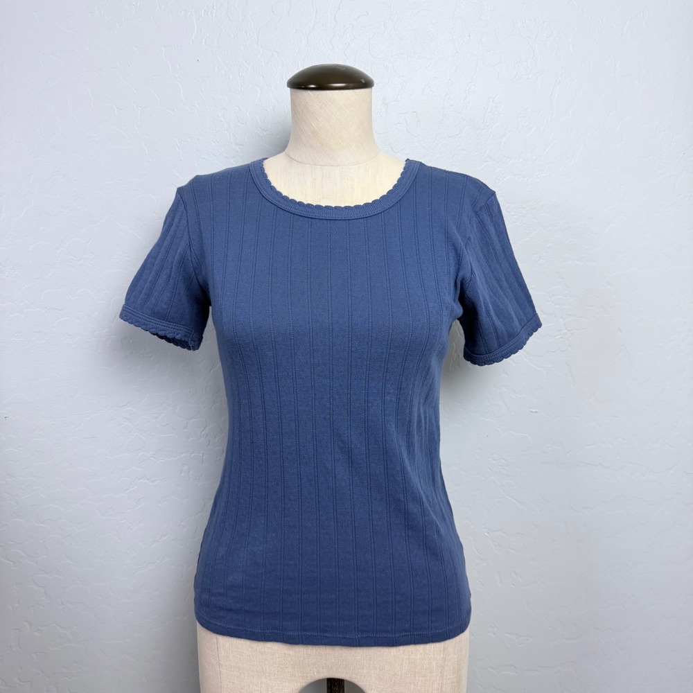 Leset Women Blue Pointelle Rib Knit Short Sleeve Scallop Trim Top Size S USA